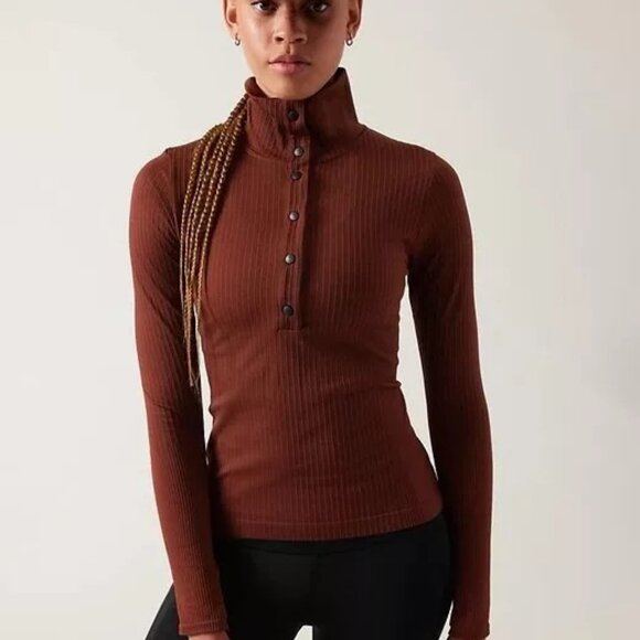 Athleta Brown Ribbed Snap Polo Top - Picture 1 of 12